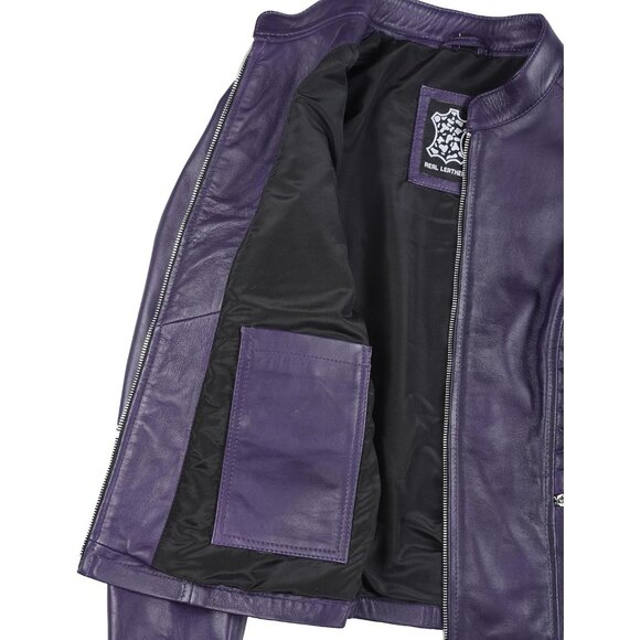 Women's Cafe Racer Style Real Leather Jackets Rachel Purple Zipper Long Sleeves - Picture 4 of 7